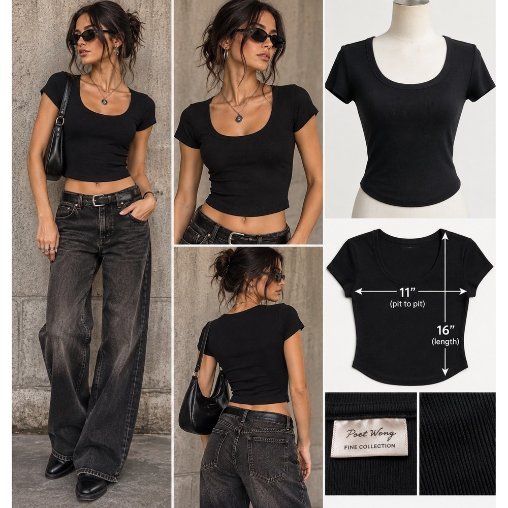Poet Wong Black Ribbed Baby Tee Y2K Scoop Neck Fitted Crop Top Indie Sleaze